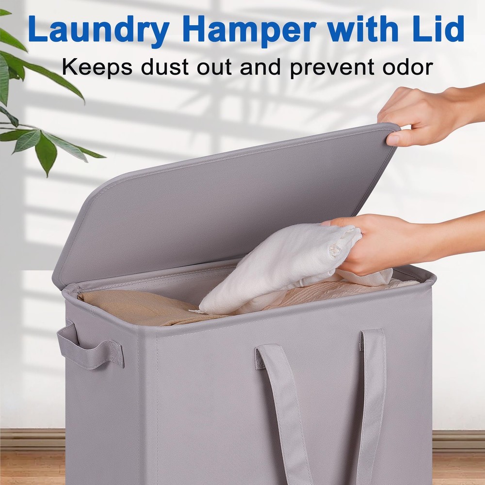 Slim Laundry Hamper with Lid and Wheels Small Rolling Laundry Basket with Han...
