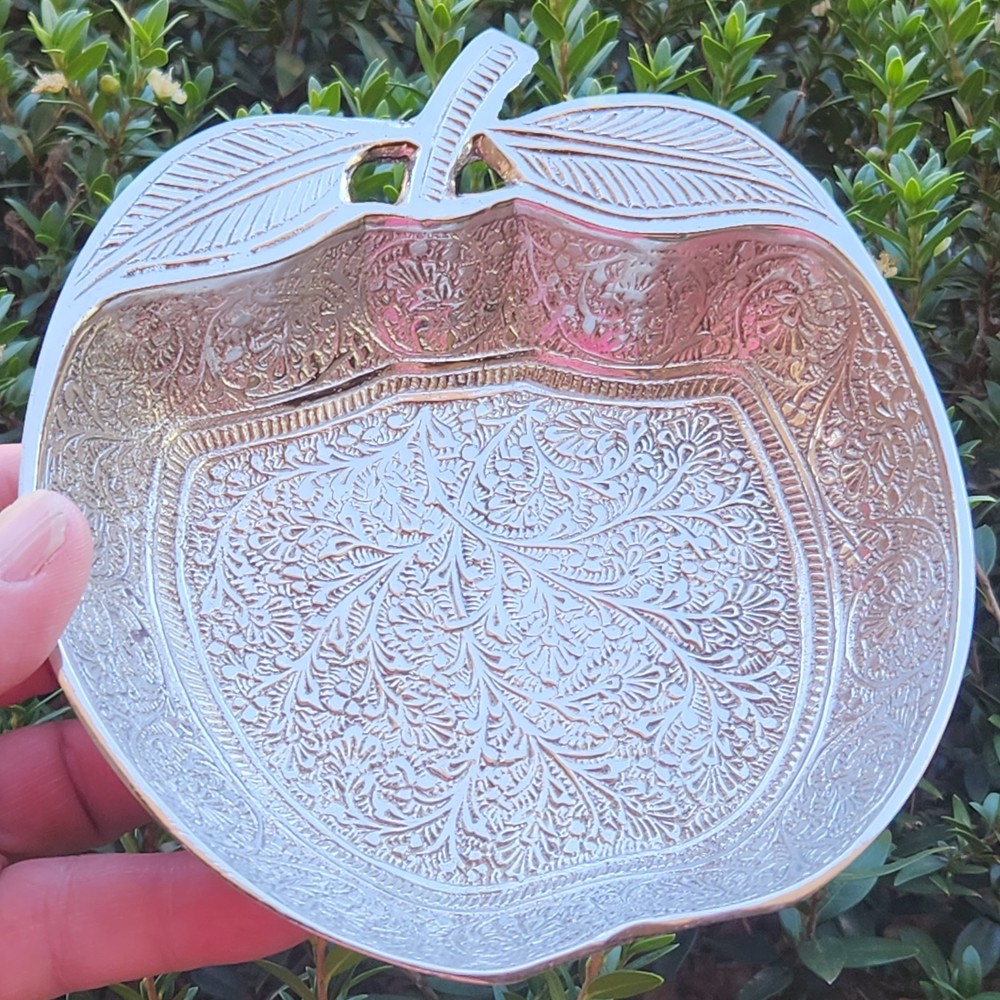 Intricate Silver Plated? Metal Apple Shaped Candy Trinket Dish Engraved 5.25" L