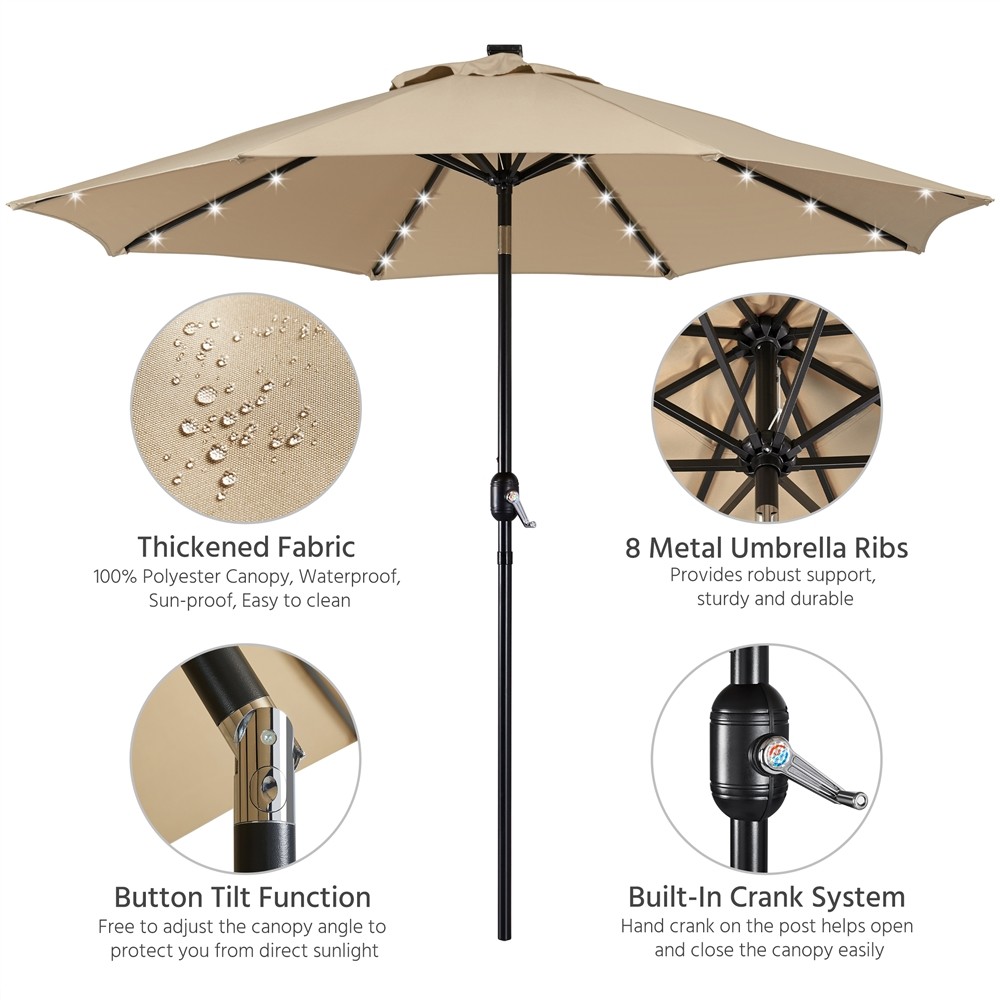 9FT Patio Umbrella Market Umbrella w/ 32 LED Lights & Push Button Tilt & Crank