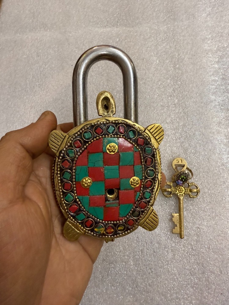 Brass Lock, Tortoise Lock, Turtle Shaped lock and key with Stone work with 2 key