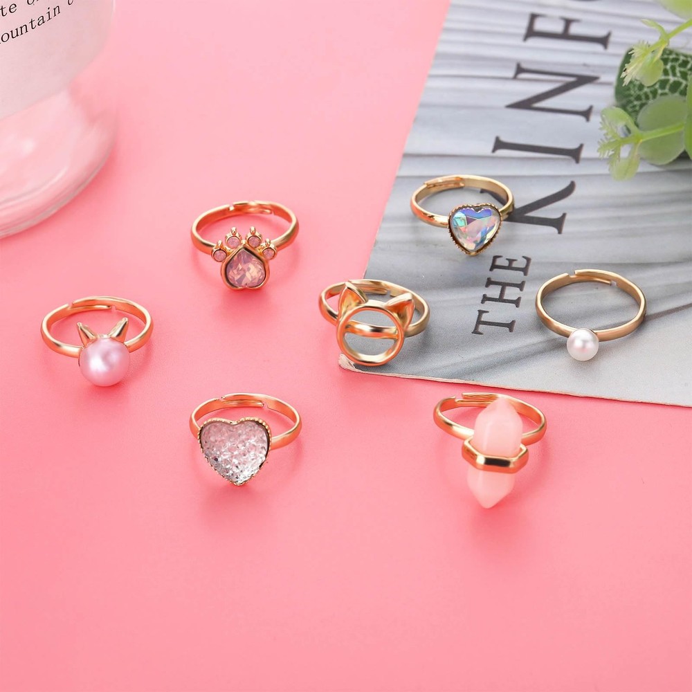 NEWITIN 7 Pieces Cute Rings for Girls Adjustable, A Gold/7