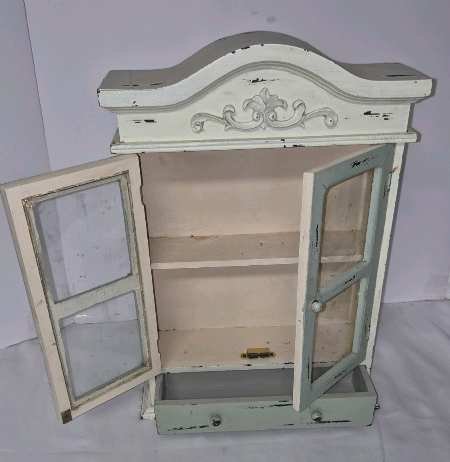 Vintage Shabby Chic Wall Cabinet Distressed Seafoam & White With Scrollwork