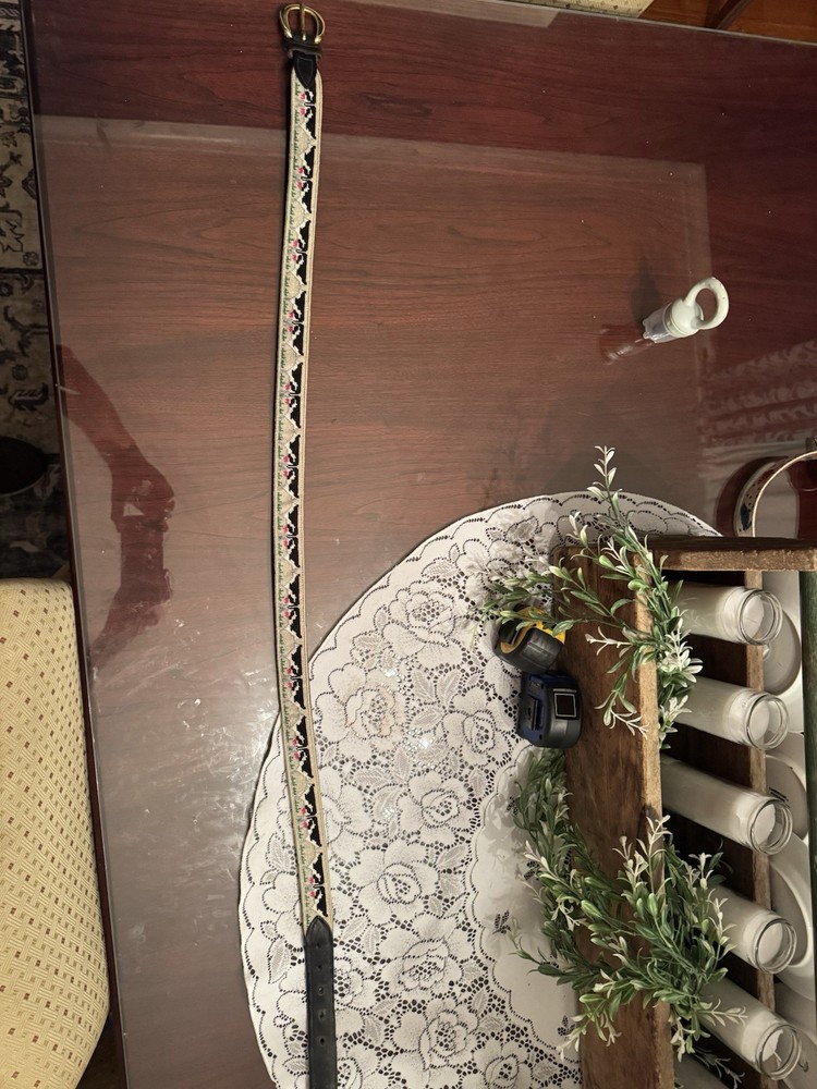 Hand Needlepoint Black Leather Cow Pattern Belt 46” Strap