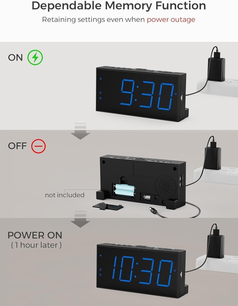 Modern Dual Alarm Clock with Extra Large Numbers & USB Charging for Easy Setup