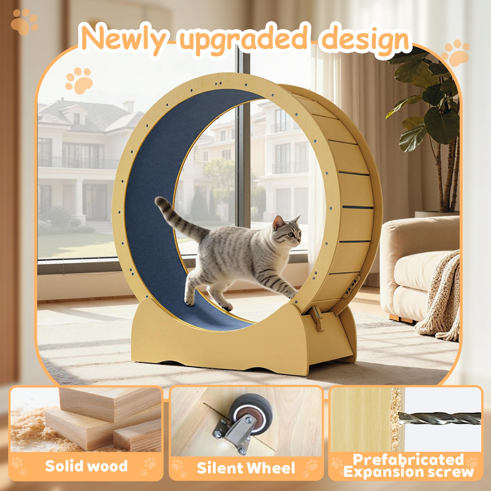 42"Cat Exercise Wheel for Indoor Cats with Detachable Carpeted Runway Solid Wood