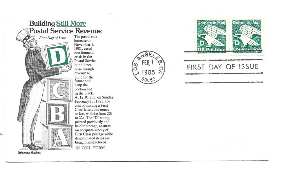 2112  'D' (22c) Non Denominated Eagle coil  Aristocrat Cachets pair FDC