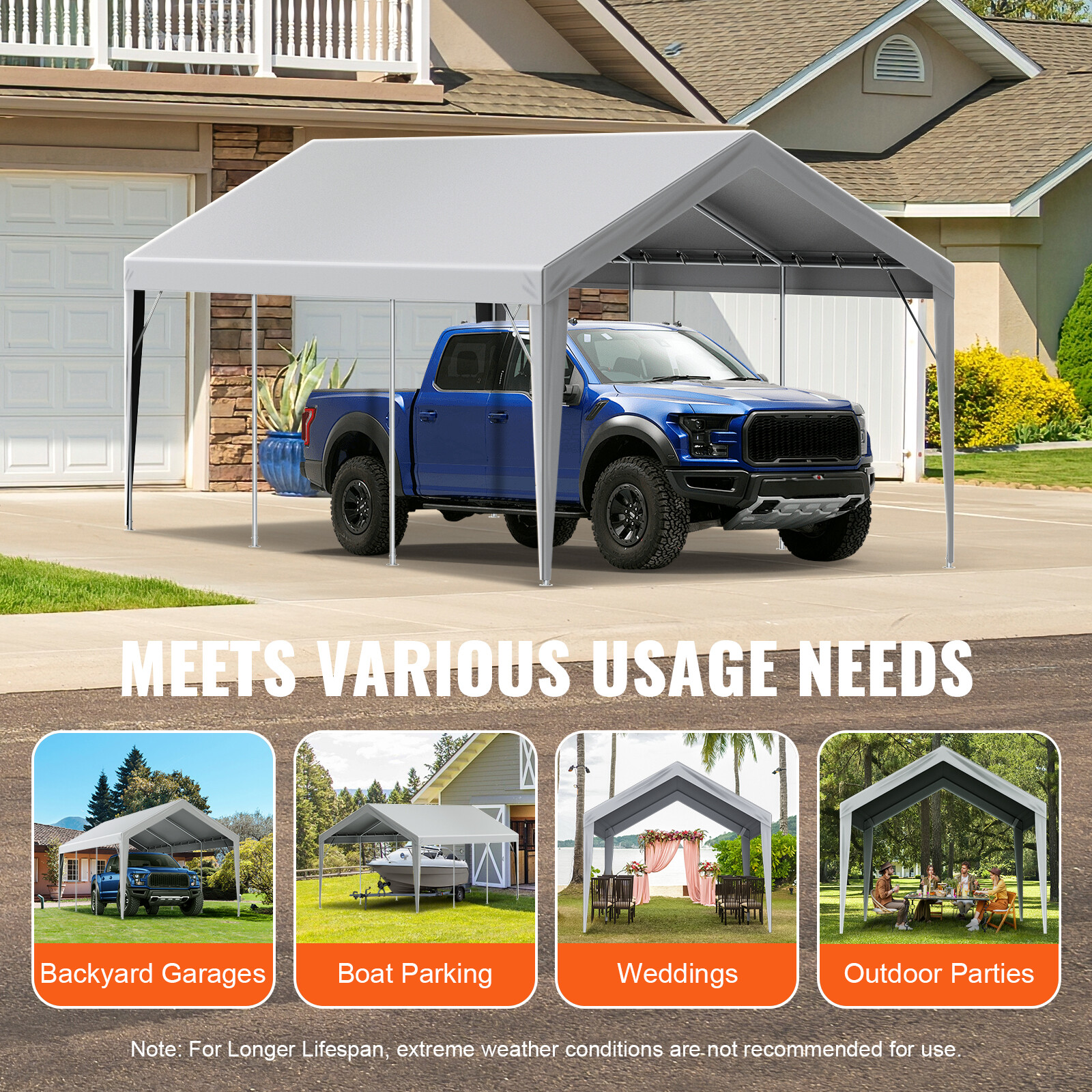 VEVOR Carport Replacement Canopy Car Shelter Tent Cover 10 x 20 ft Grey