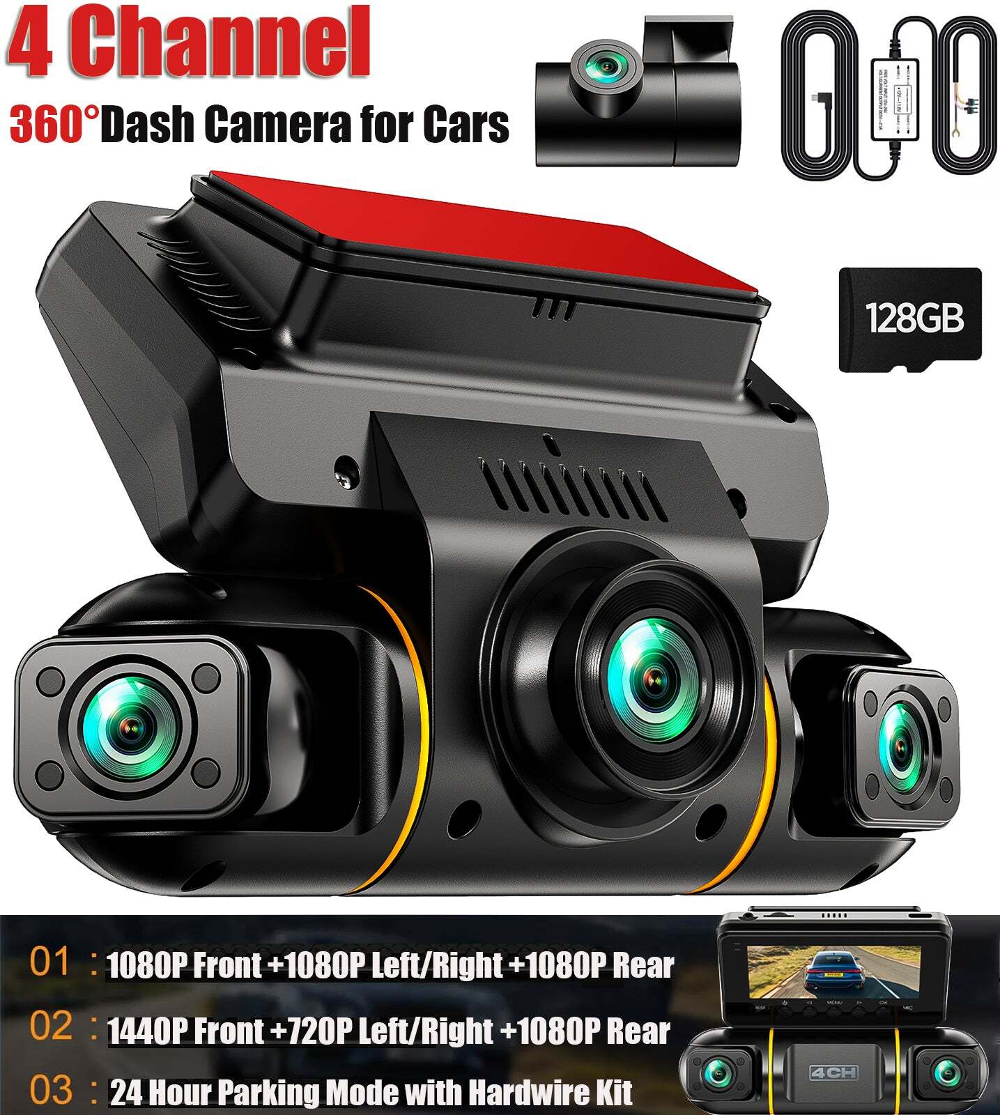 Dash Cam 4 Channel 360° Front Rear Inside DashCam, FHD 1080P Car Camera 128GB