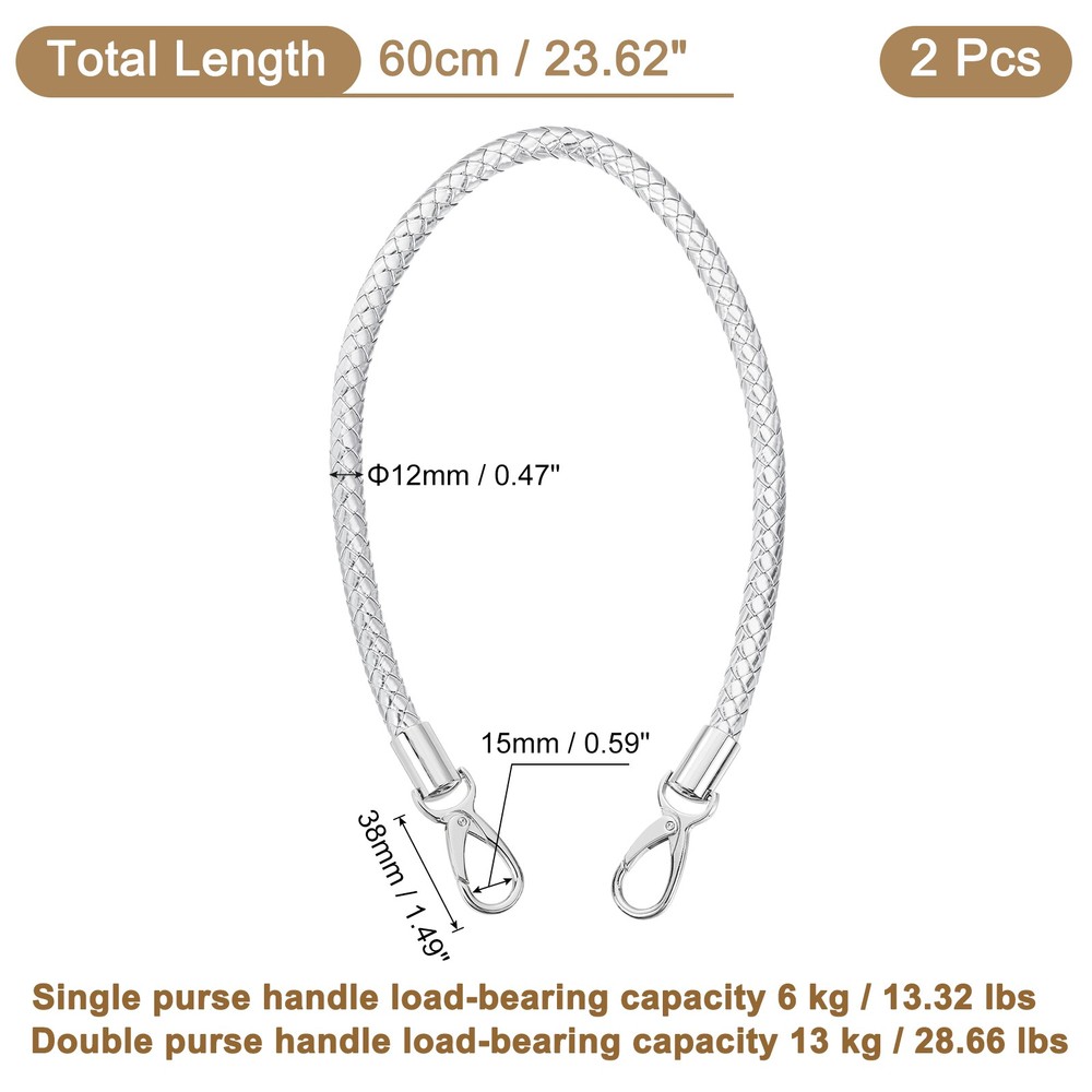 2Pcs 60cm Short Leather PU Braided Purse Replacement (Silver, Silver)