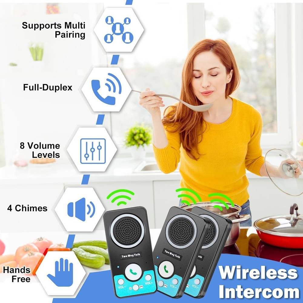 Wireless Intercom System for Home Business Long Range 8 Volume Levels 3 Pack