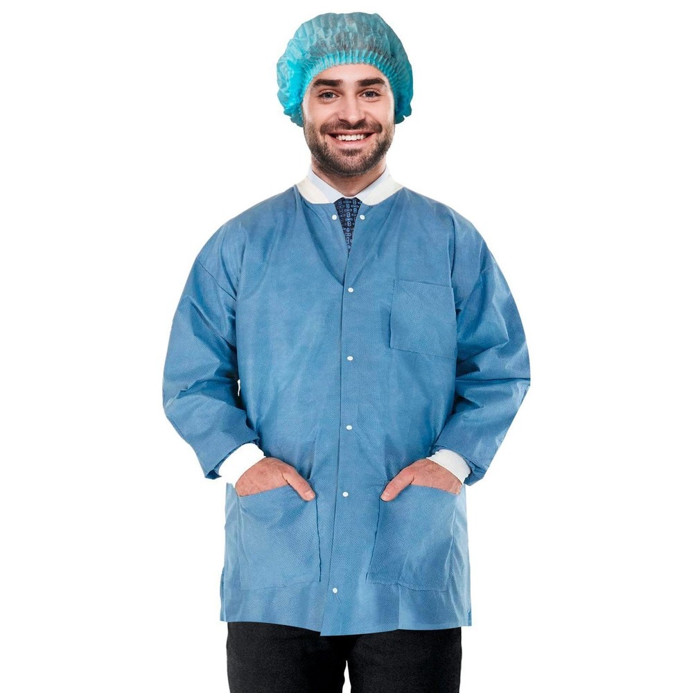 Ceil Blue Disposable Lab Jackets SMS 3 Pockets Snaps 100 Count Medium Size