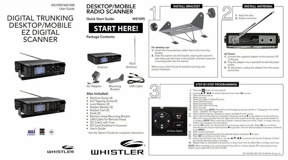 WHISTLER WS-1095 SCANNER OPERATING MANUAL + QUICK START GUIDE