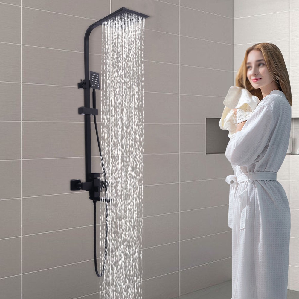 Shower Faucet Set System Rainfall Shower Head Handle Combo Kit Wall Mount Black