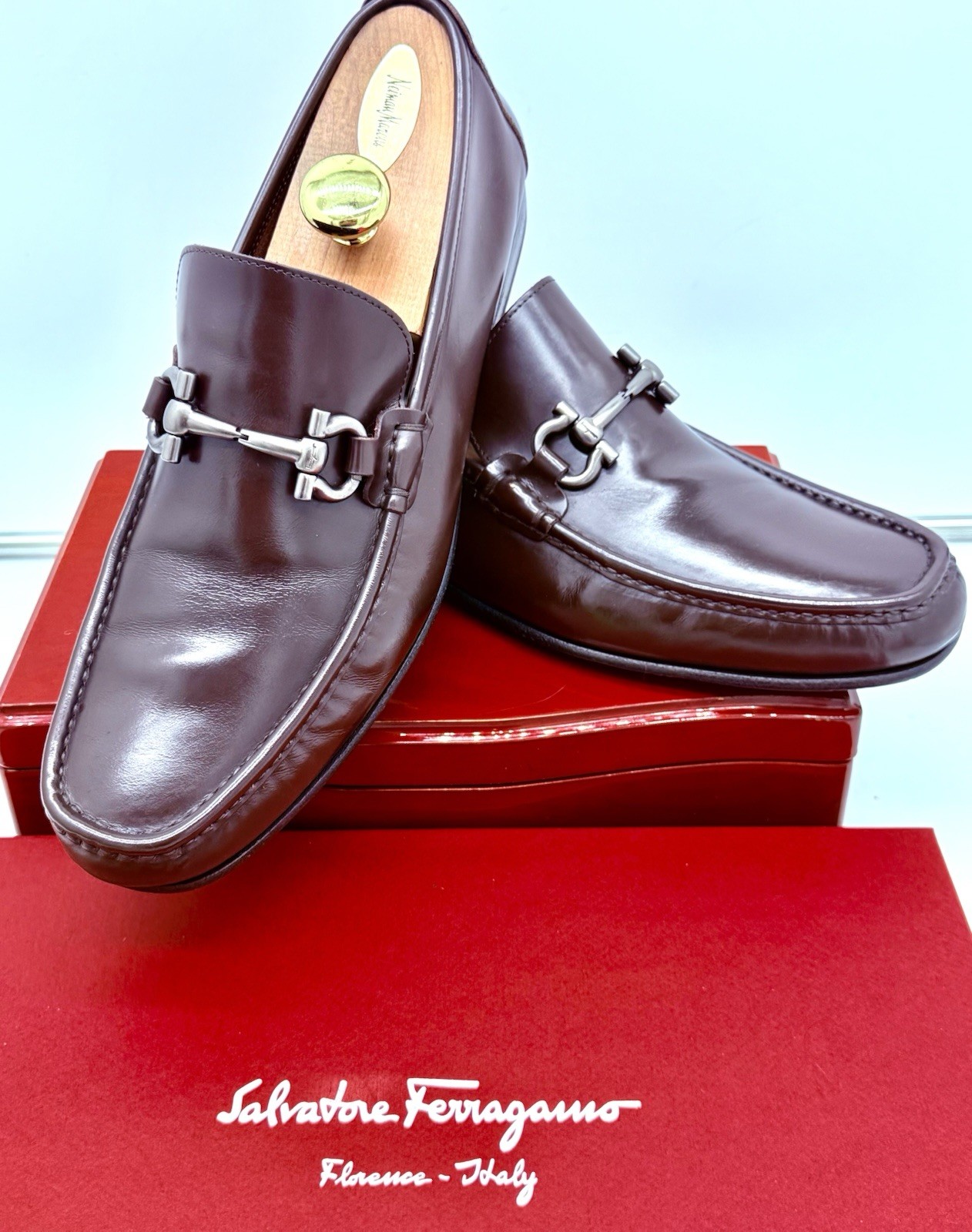 Ferragamo Mens Brown Loafers 9.5 Wide Gancini Horse Bit Leather Luxe Shoes