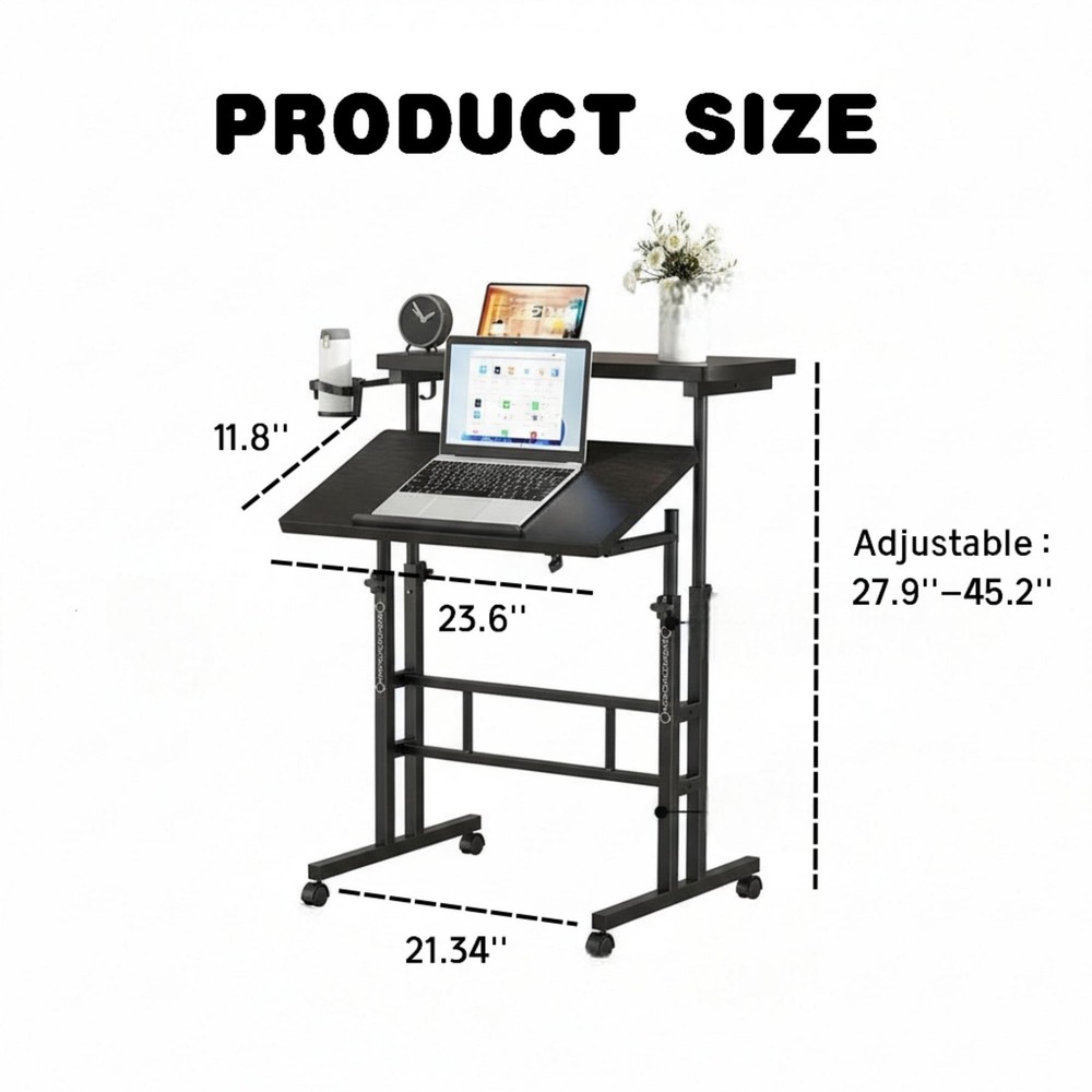 Dual Desktop Height Adjust Rolling Desk w/Cup Holder&Hook,Stand Computer Table