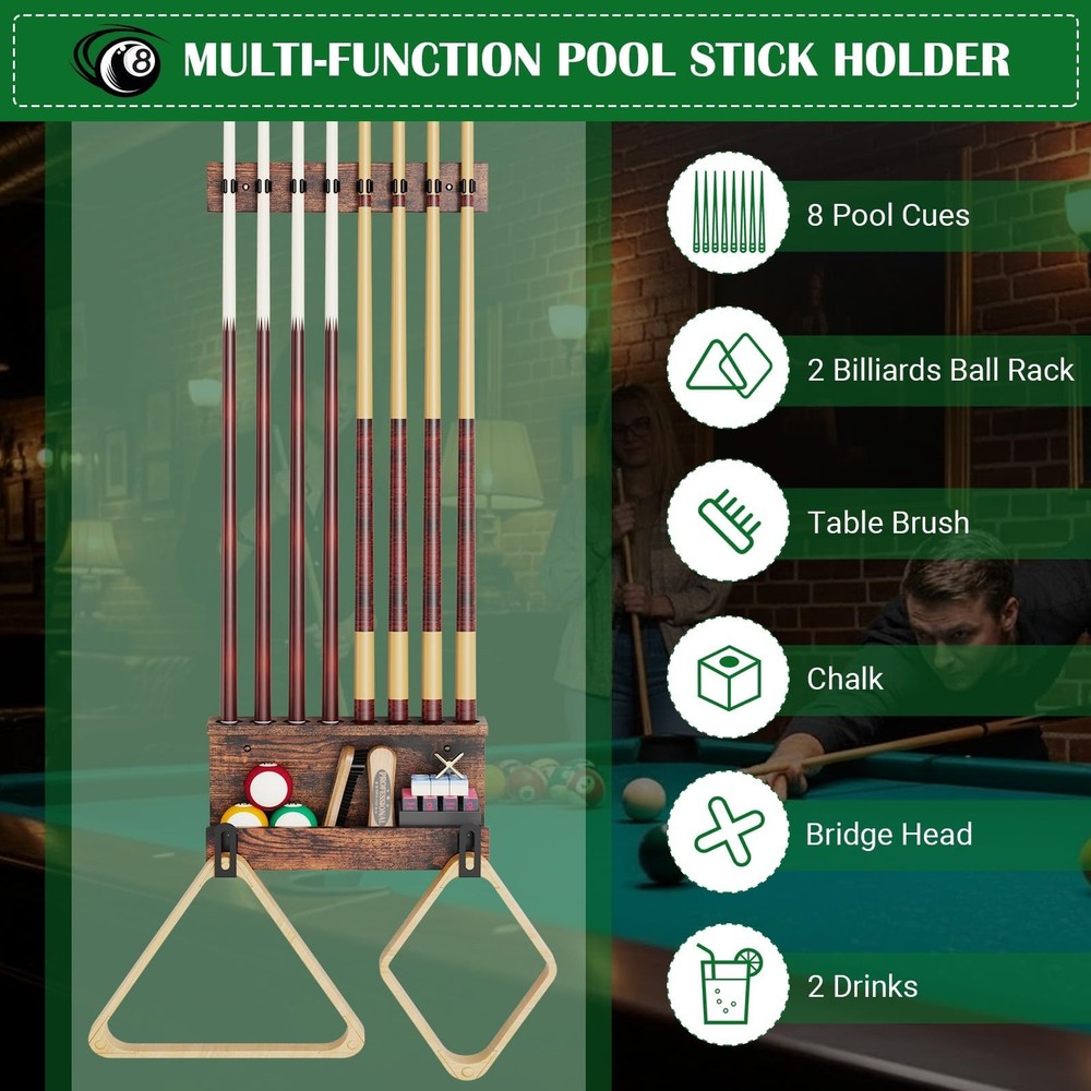 Wall Mount Pool Stick Holder, Billiards Pool Cue Rack Pool Table Accessories,...