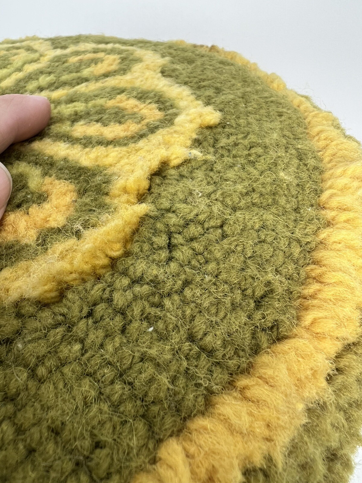 Vtg Round Footstool Floral Hooked Rug Top Wooden Legs MCM 8.75 x 12” Avacado