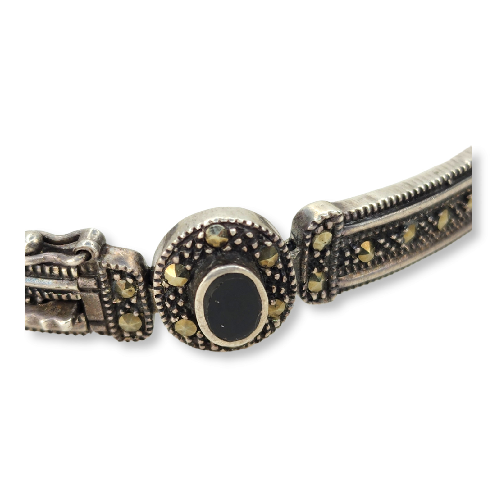 Vintage Sterling Silver 925 Marcasite and Black Onyx Link Bracelet 7.5 Inches