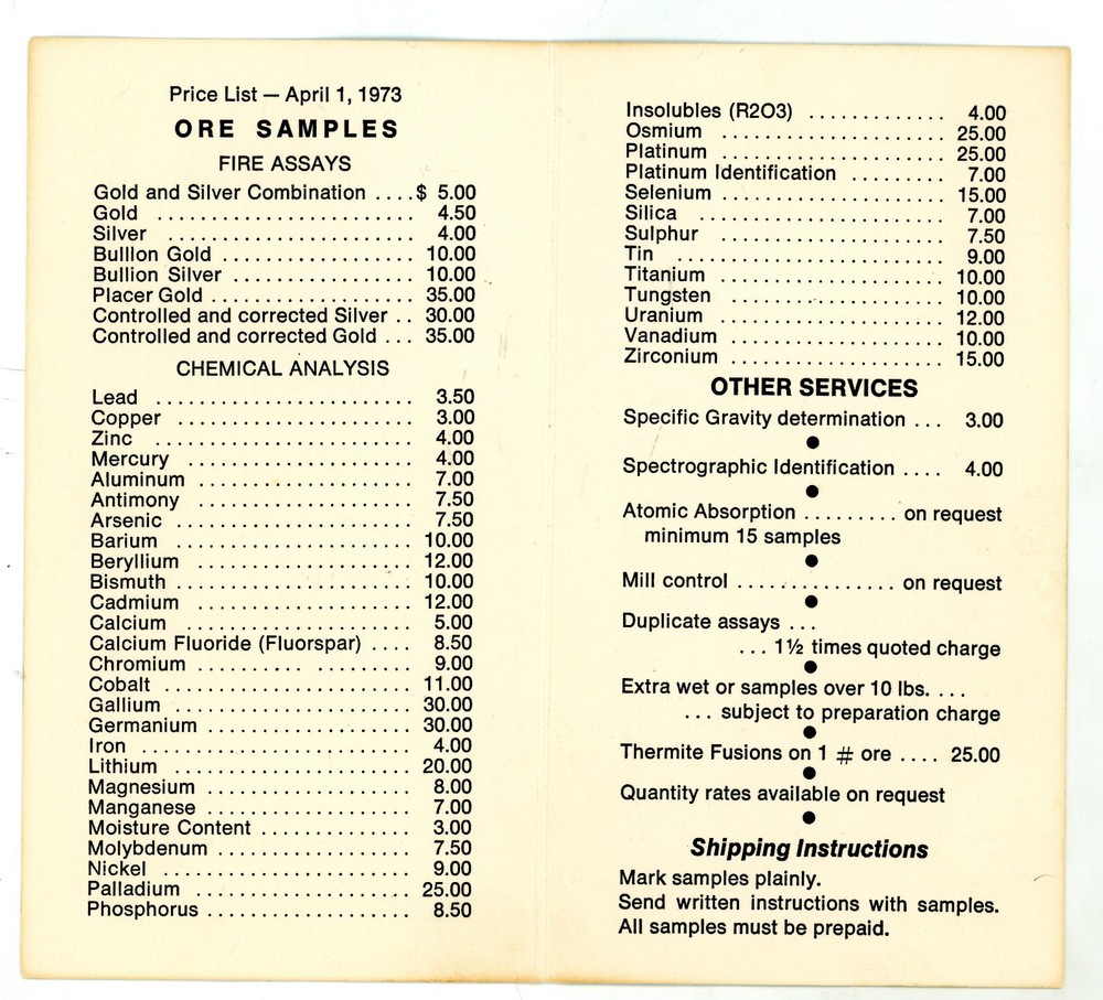 1973 Nevada Assay Office, Fallon, Nevada Gold, Silver Ore Samples