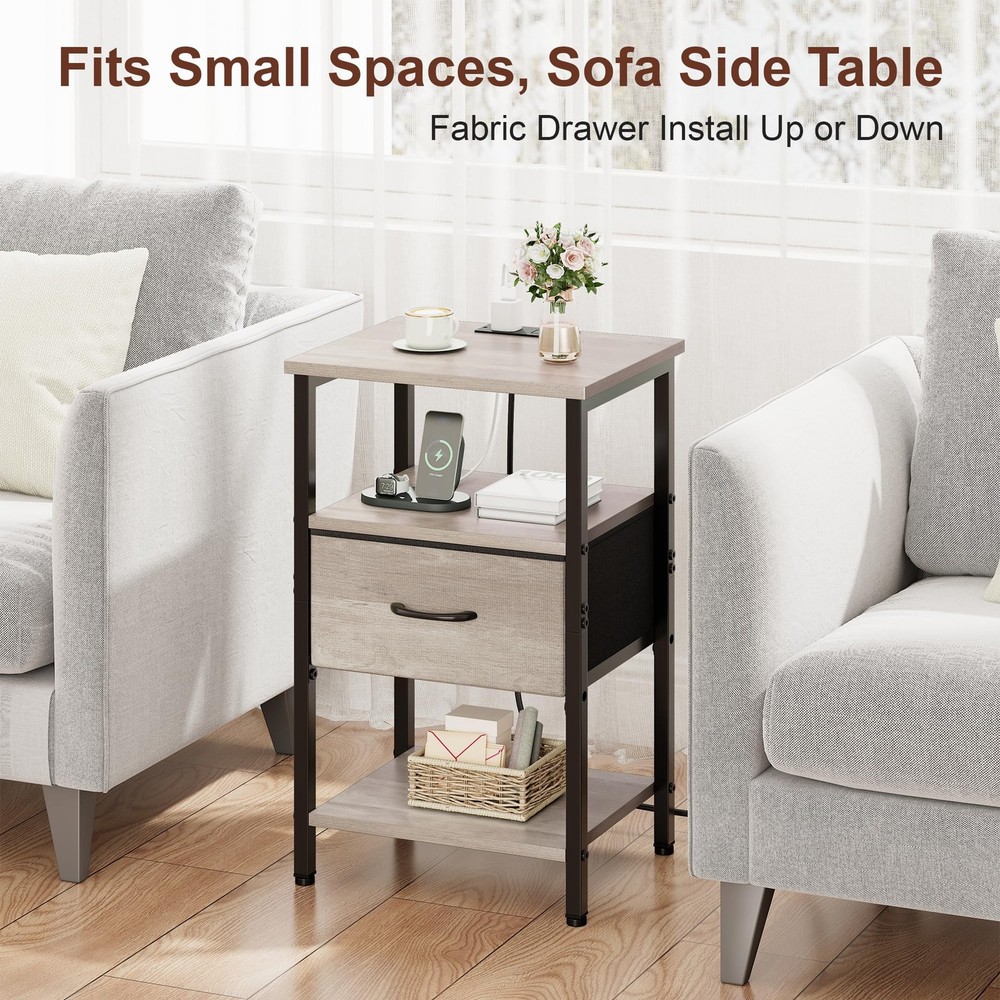 Nightstand with Charging Station, Side Table with Adjustable Drawer, End Tabl...