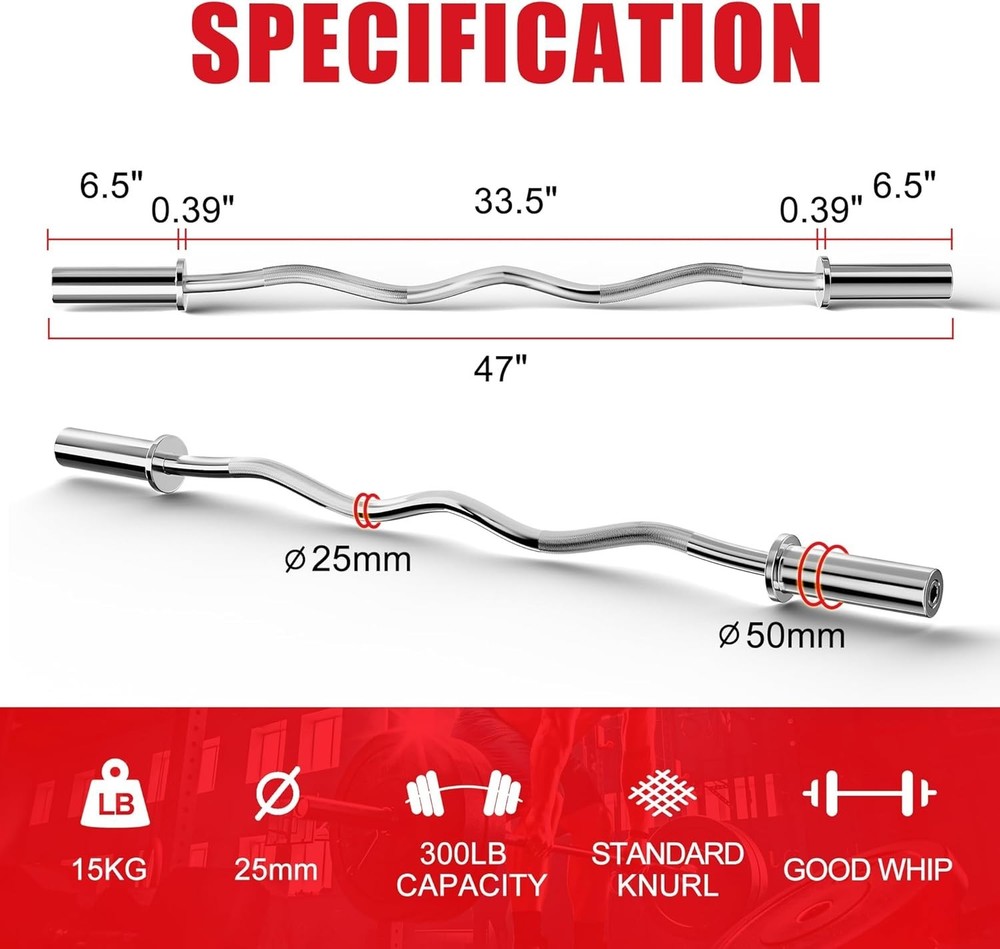 Olympic Barbell Curl Bar EZ Bar Strength Training Bar Threaded Chrome Barbell...