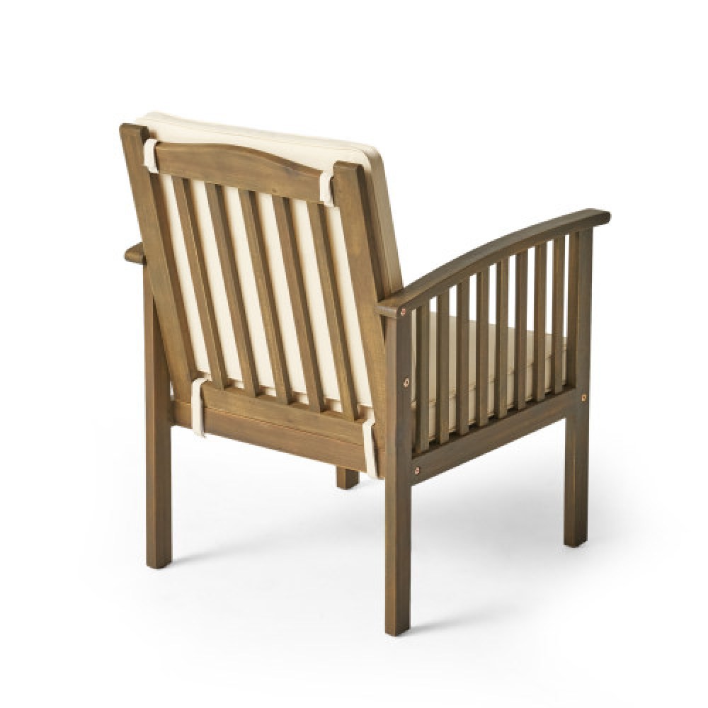 Acacia Wood Outdoor Club Chair Set w/ Side Table, Cream & Gray Cushions