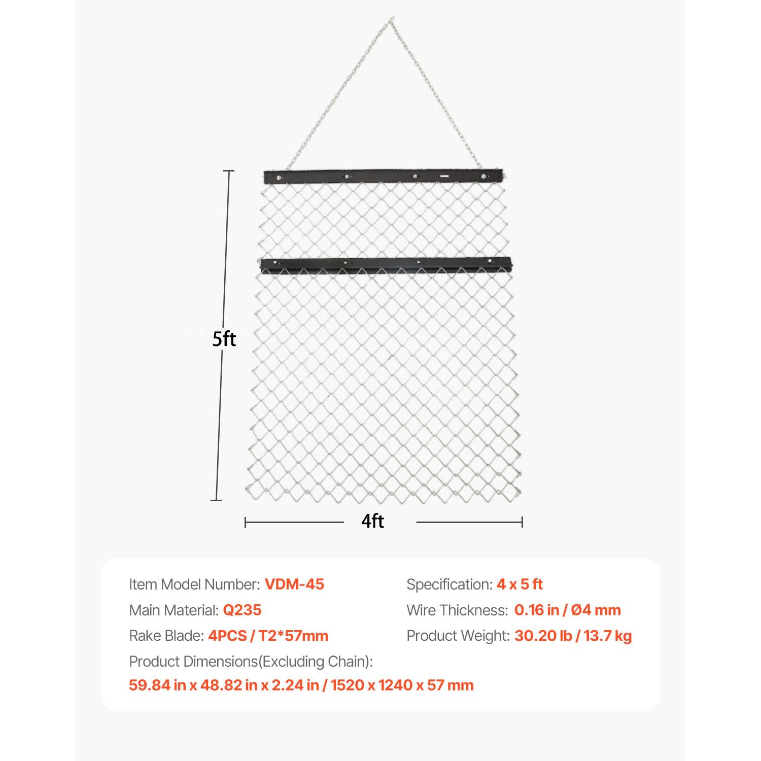 Drag Harrow 4 x 5 ft Chain Harrow Lawn Rake ATV UTV Tractor Attachments