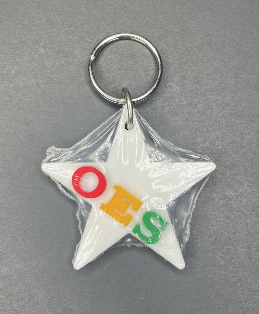 O E S Crest Key Chain  Eastern Star Key Ring - White/Blue Plastic - New