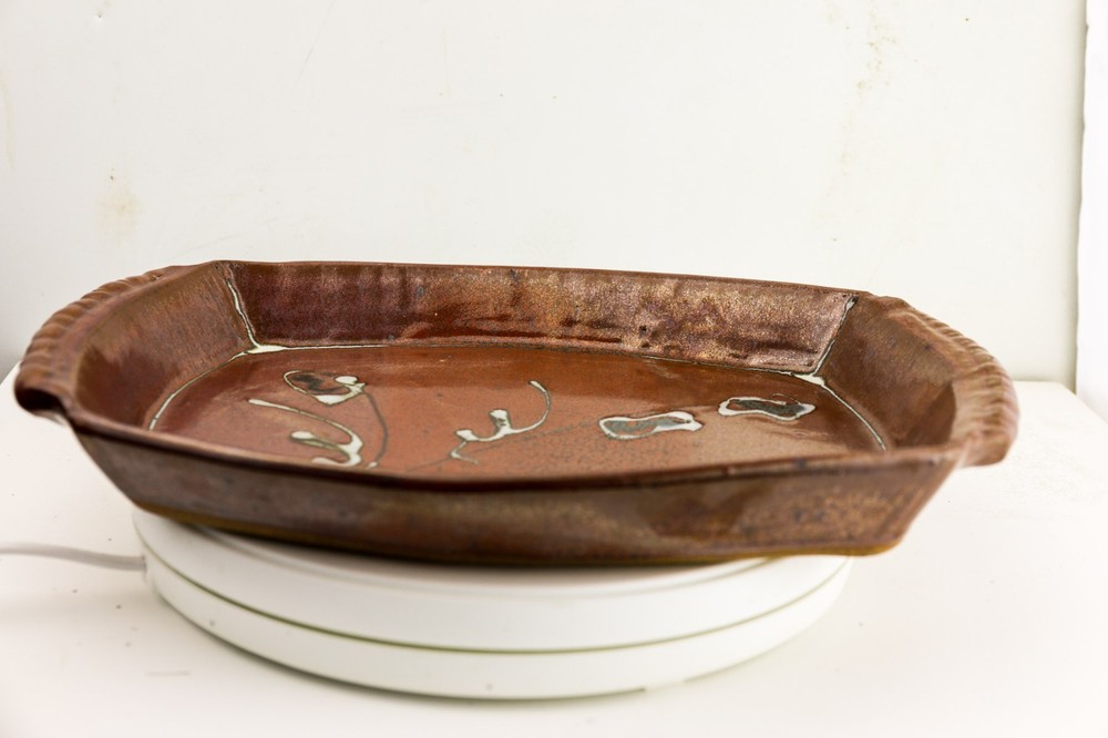 Studio Pottery Tray Platter Signed HB Brown Glaze Handmade Ceramic