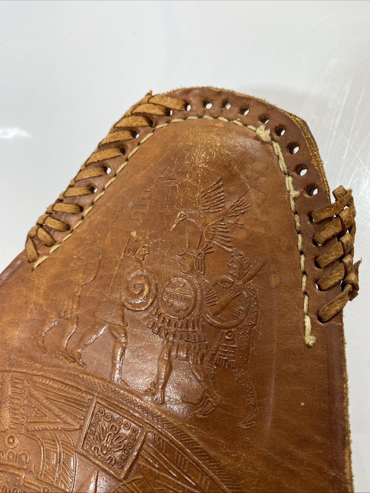 Vintage Leather Tripod Stool Cover Mexican Aztec Calendar Saddle Hand Tooled