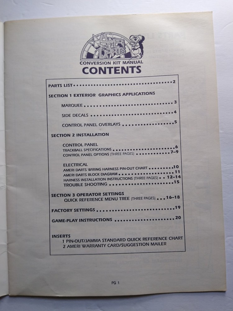 AMERI Corporation Ameri Darts Conversion Kit Manual 1989 Arcade Game