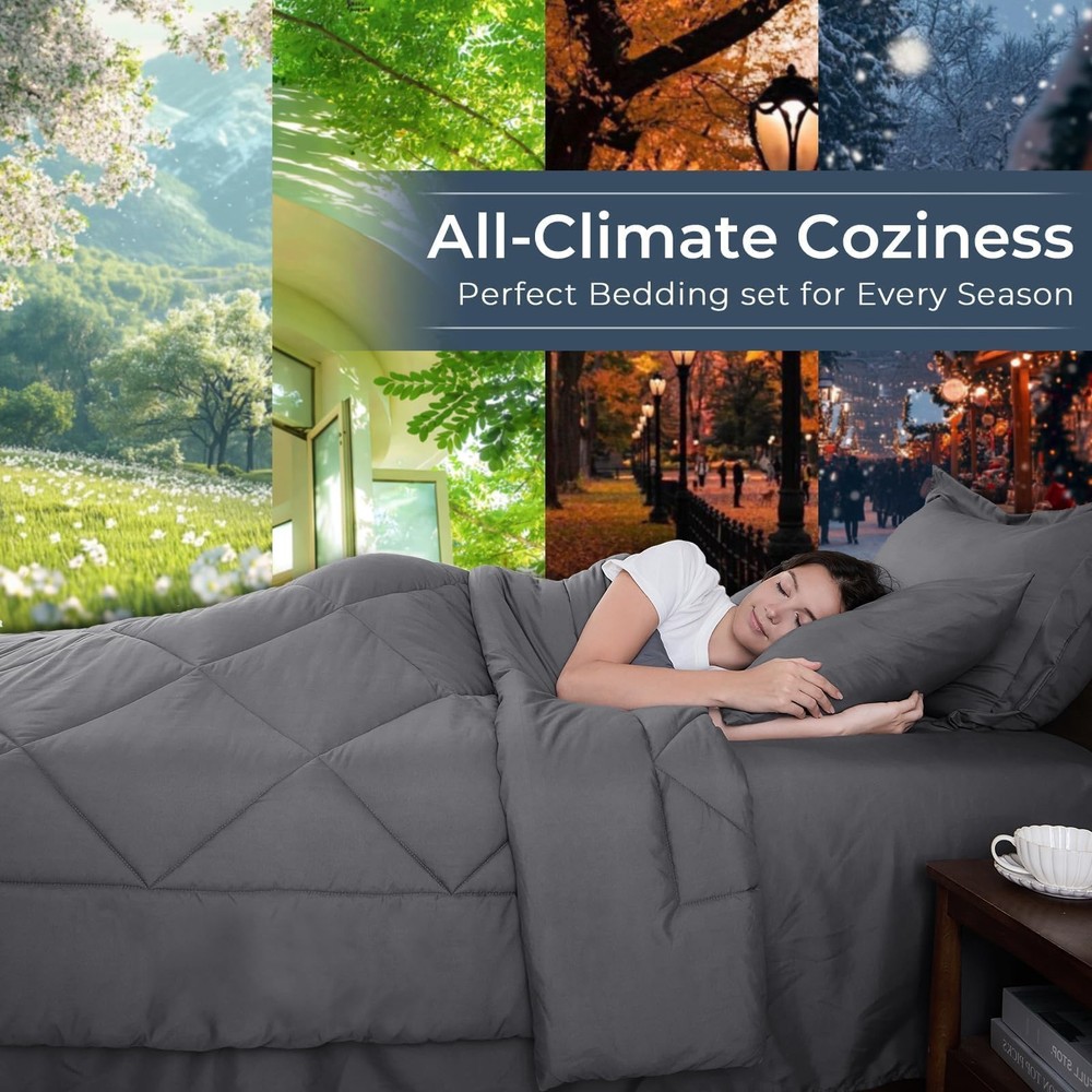 Queen Comforter Set 7pc, Reversible Bed In A Bag, Includes Pillowcases, Grey
