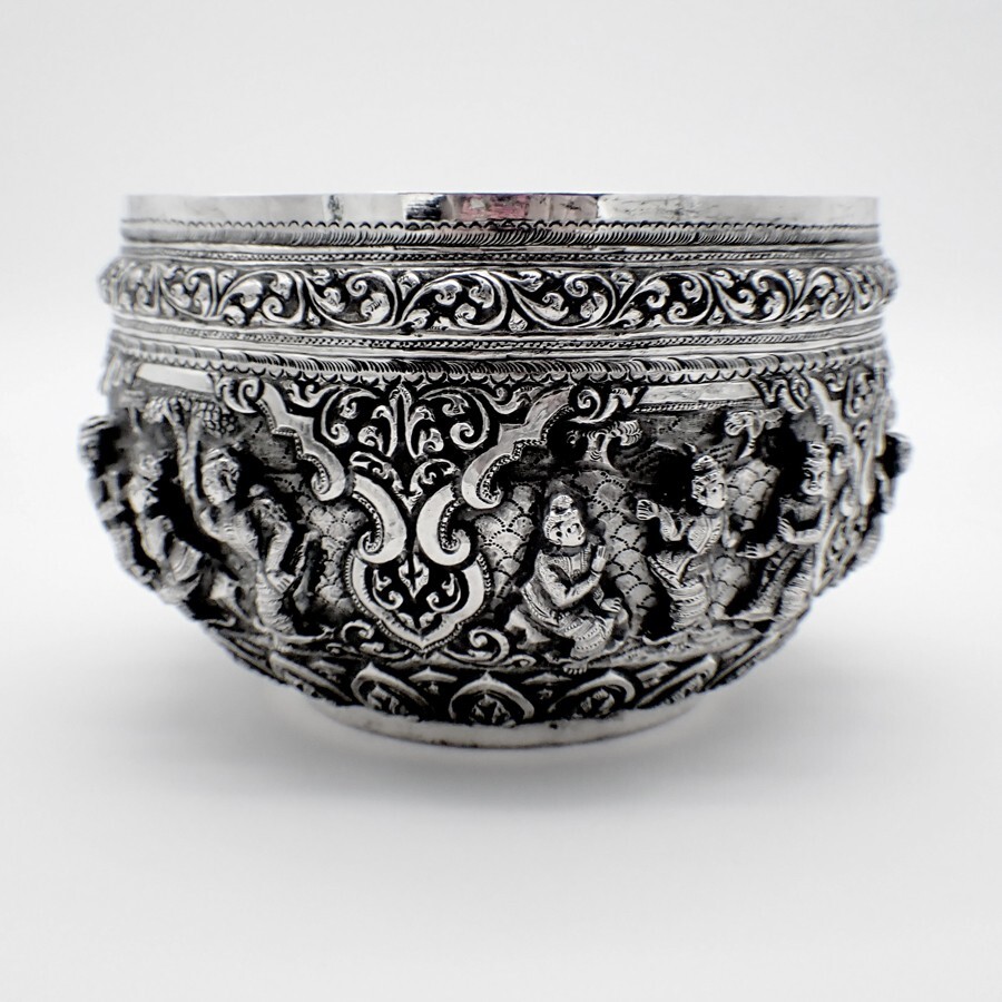 Burmese High Relief Silver Bowl British Indian Mark 1900s