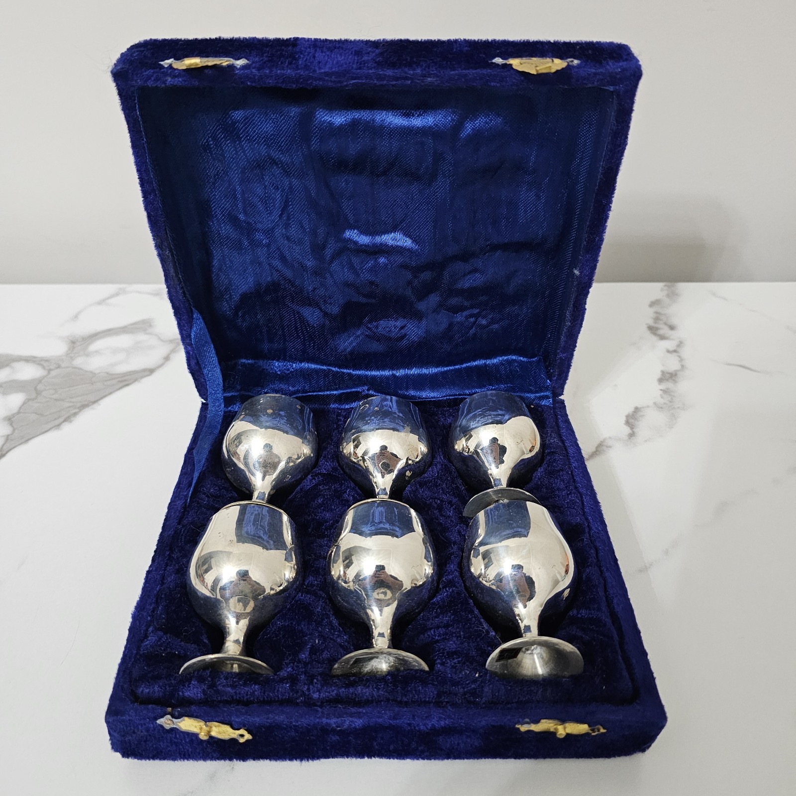Silver Plated Goblets Set of 6 Small Sherry Cups 2.25" Velvet Case Vintage