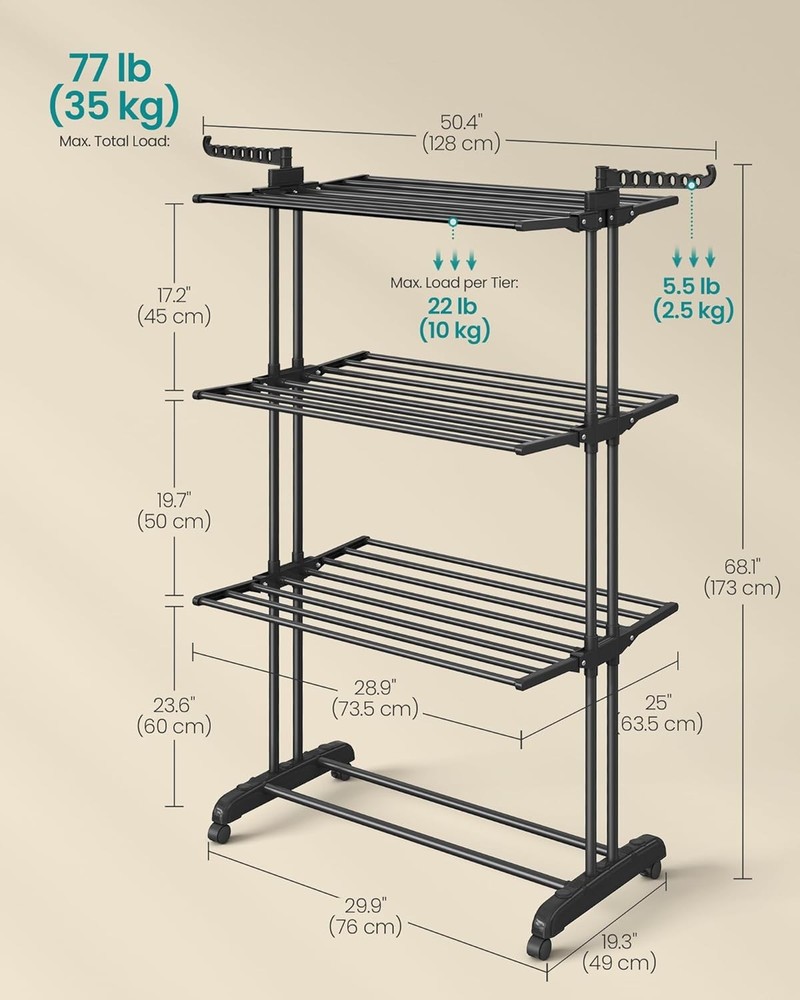 4 Tier Drying Rack, Collapsible Drying Rack, Stainless Steel,Rolling Drying Rack