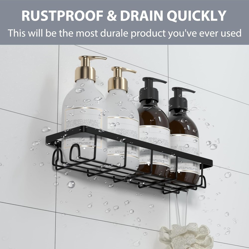 2-Pack Self-Adhesive Shower Caddy Organizer with Hooks Black