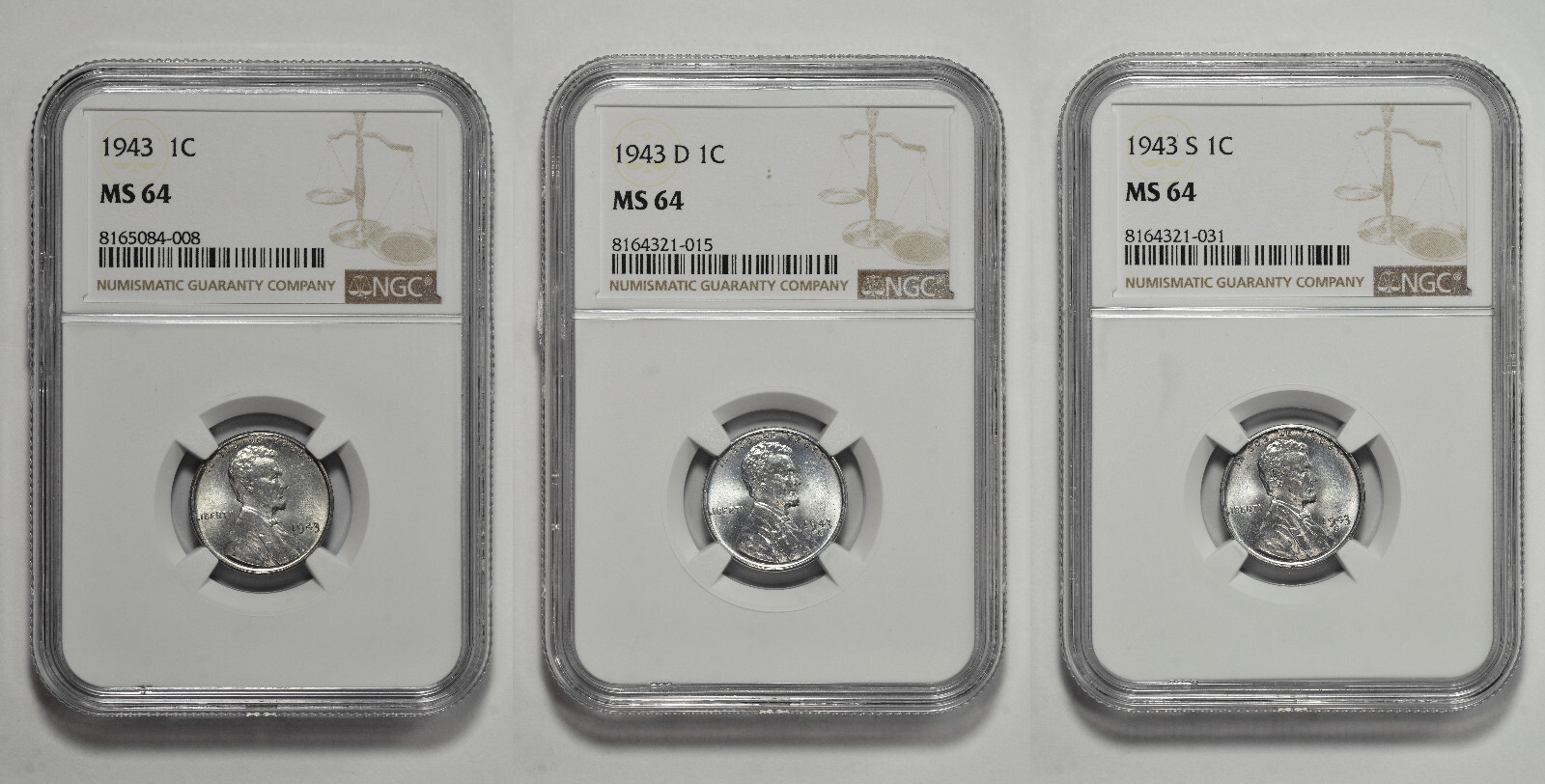 1943 P D S 1c Lincoln Steel Wheat Cent NGC MS 64 Three Coin Lot