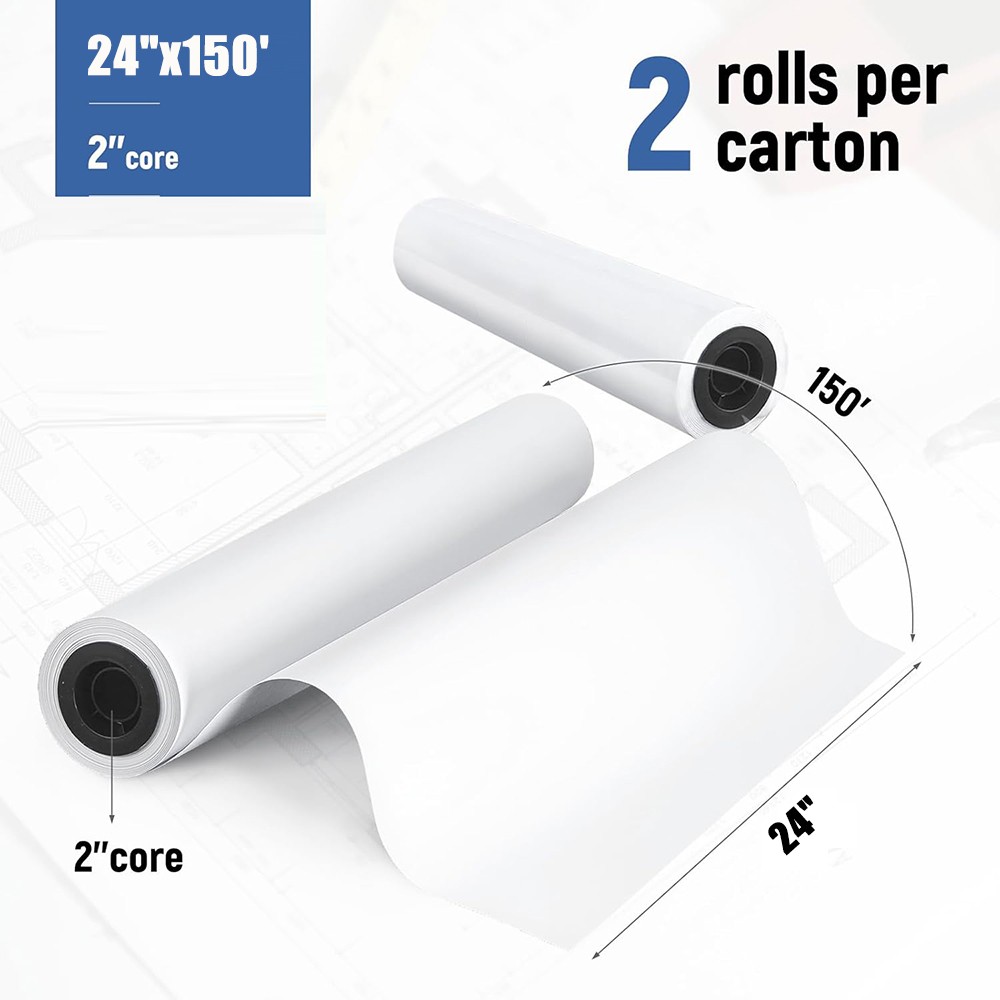 2 Rolls 24" x 150' 20 lb Bond Plotter Paper Wide Format Inkjet Printers 2" Core