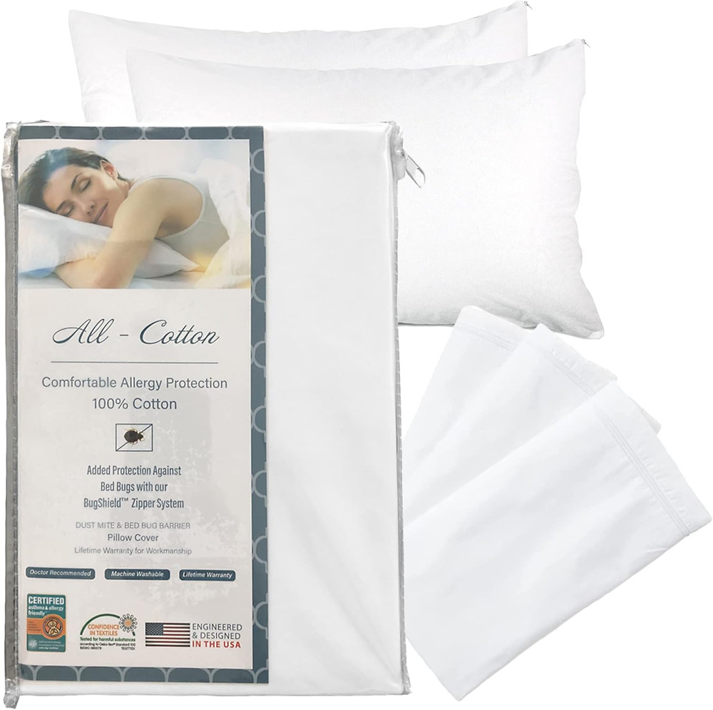 Premium 100% Cotton Zippered Pillow Protector - Queen Size - White - 300 Thread
