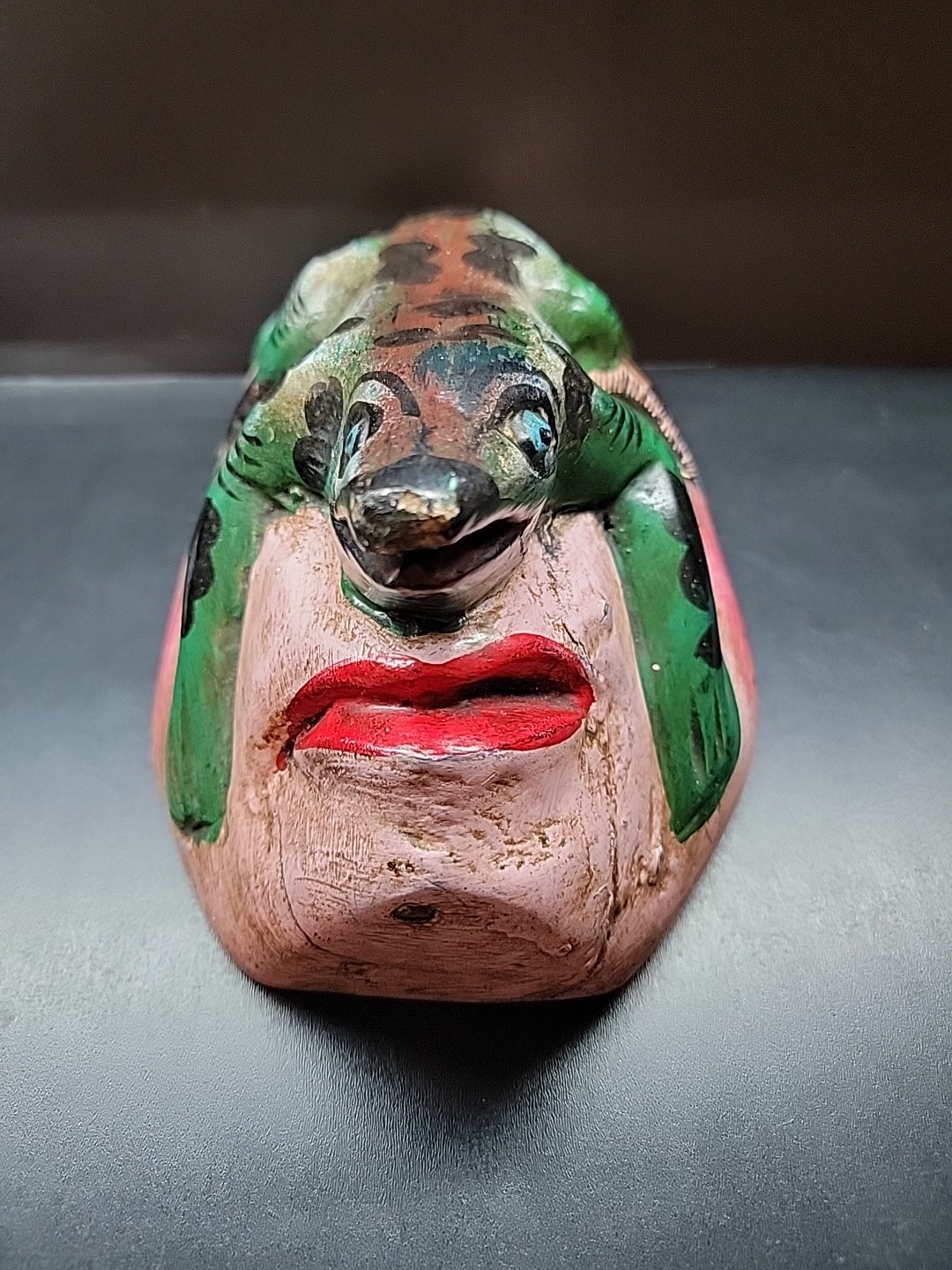 VTG Mexican Carved Wood Folk Art Dance Mask Painted Lizard Face with Blue Eyes