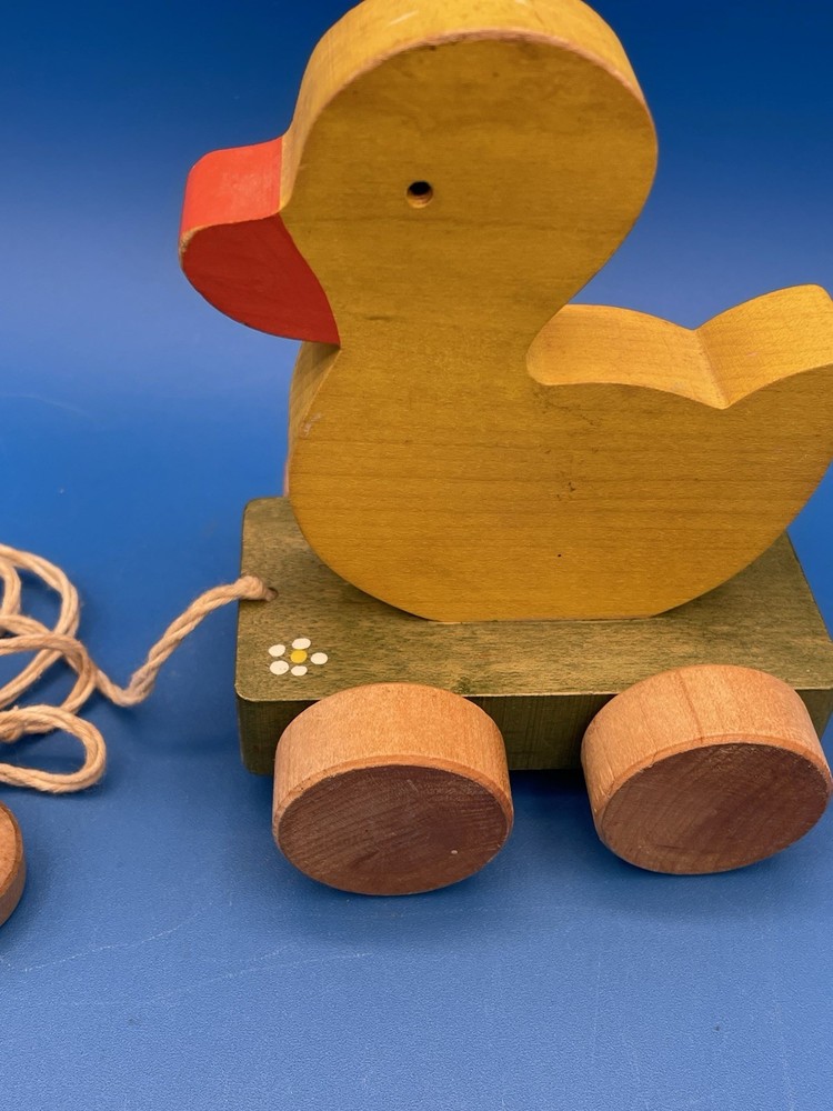 Vintage Wood Yellow Duck on Wagon Pull Toy Original String