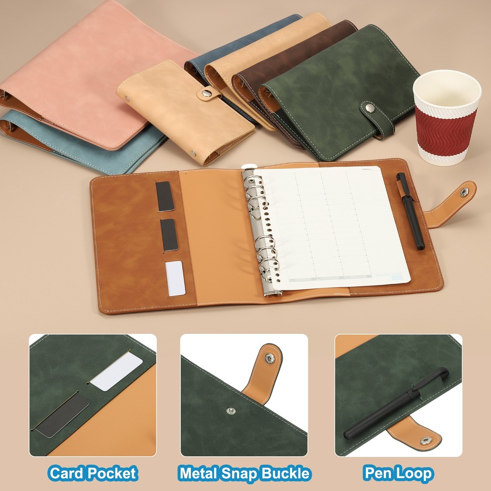 A5 PU Leather Binder Cover, 6 Ring Loose Leaf Binder Protector, Green