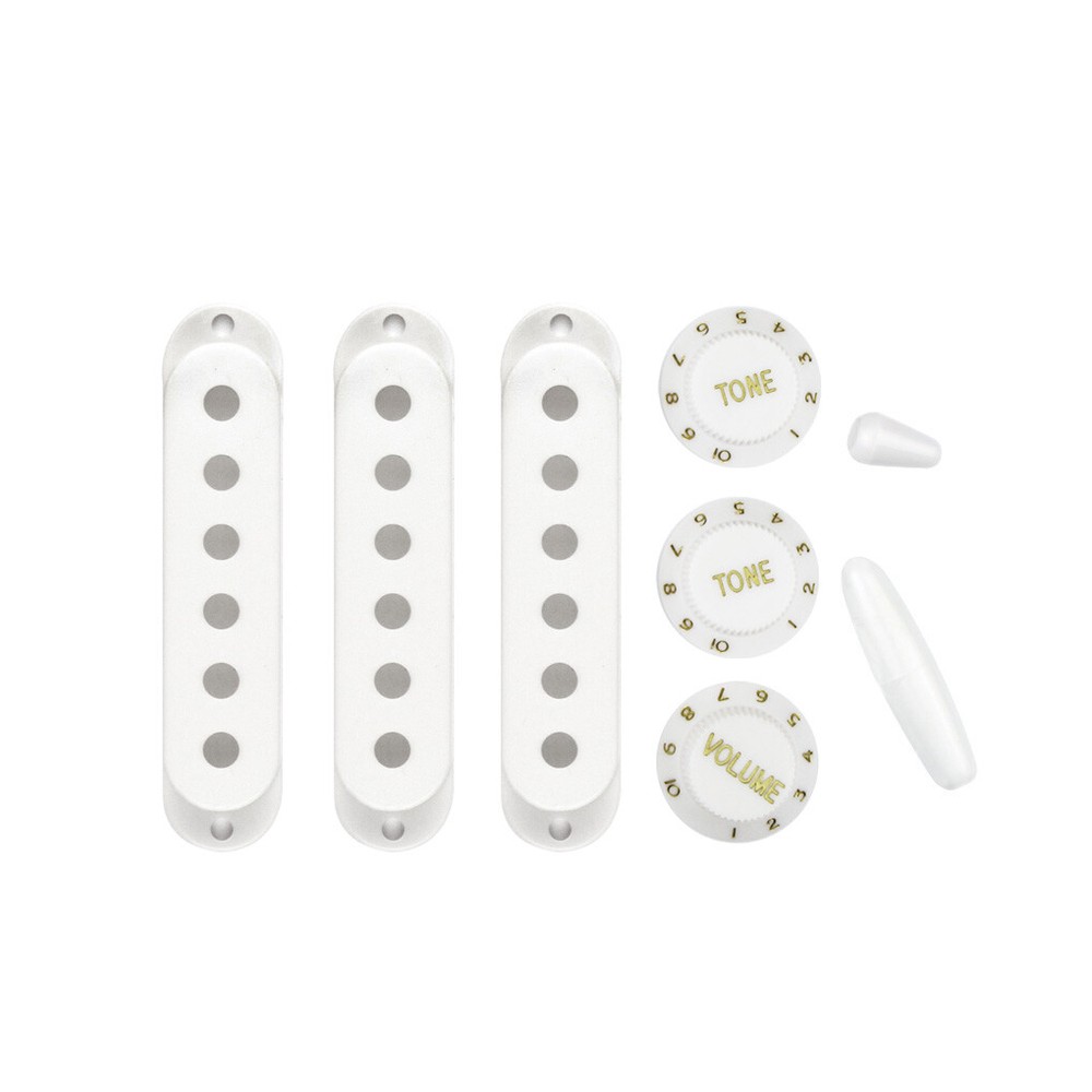 White ST SSS Guitar Pickup Covers 2T 1V Knobs Tremolo Bar Tip Switch Tip Cap