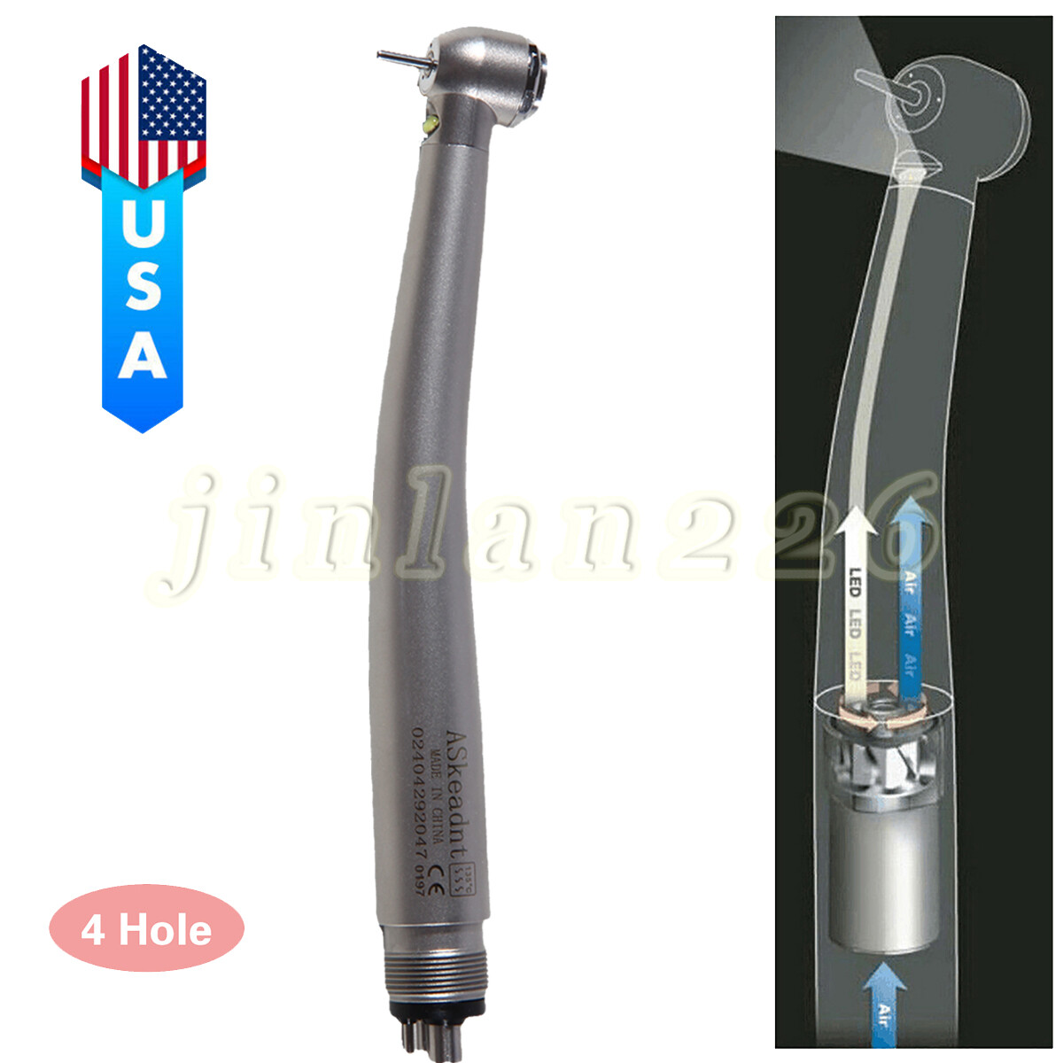 Pieza de mano alta velocidad de fibra óptica LED dental estilo NSK 4 agujeros