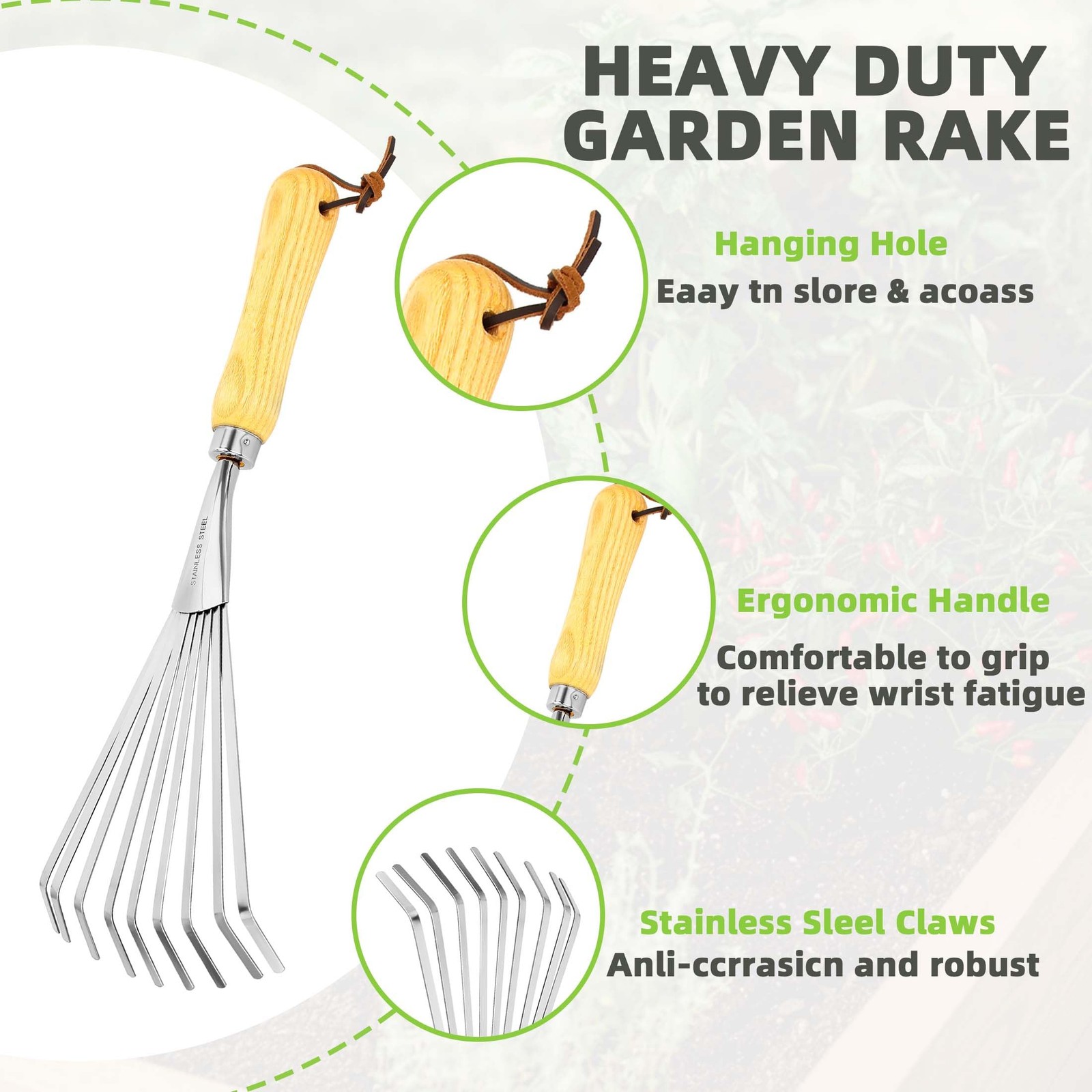 Hand Rakes, Garden Stainless Steel Hand Rake Soil Tiller with Ergonomic Handl...