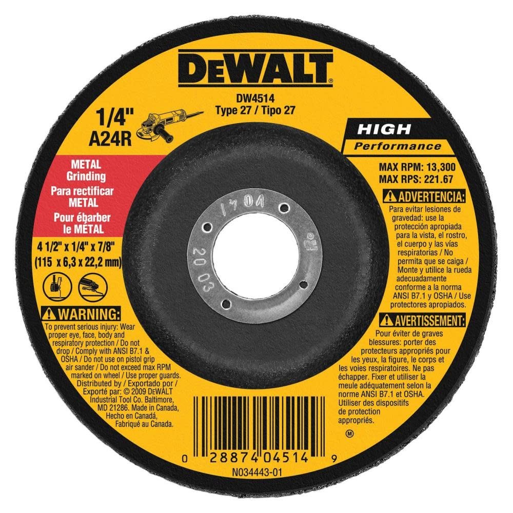 25-PK DEWALT DW4514 1/4" Thick Grinding Wheel w/ 4-1/2" Diameter and 7/8" Arbor