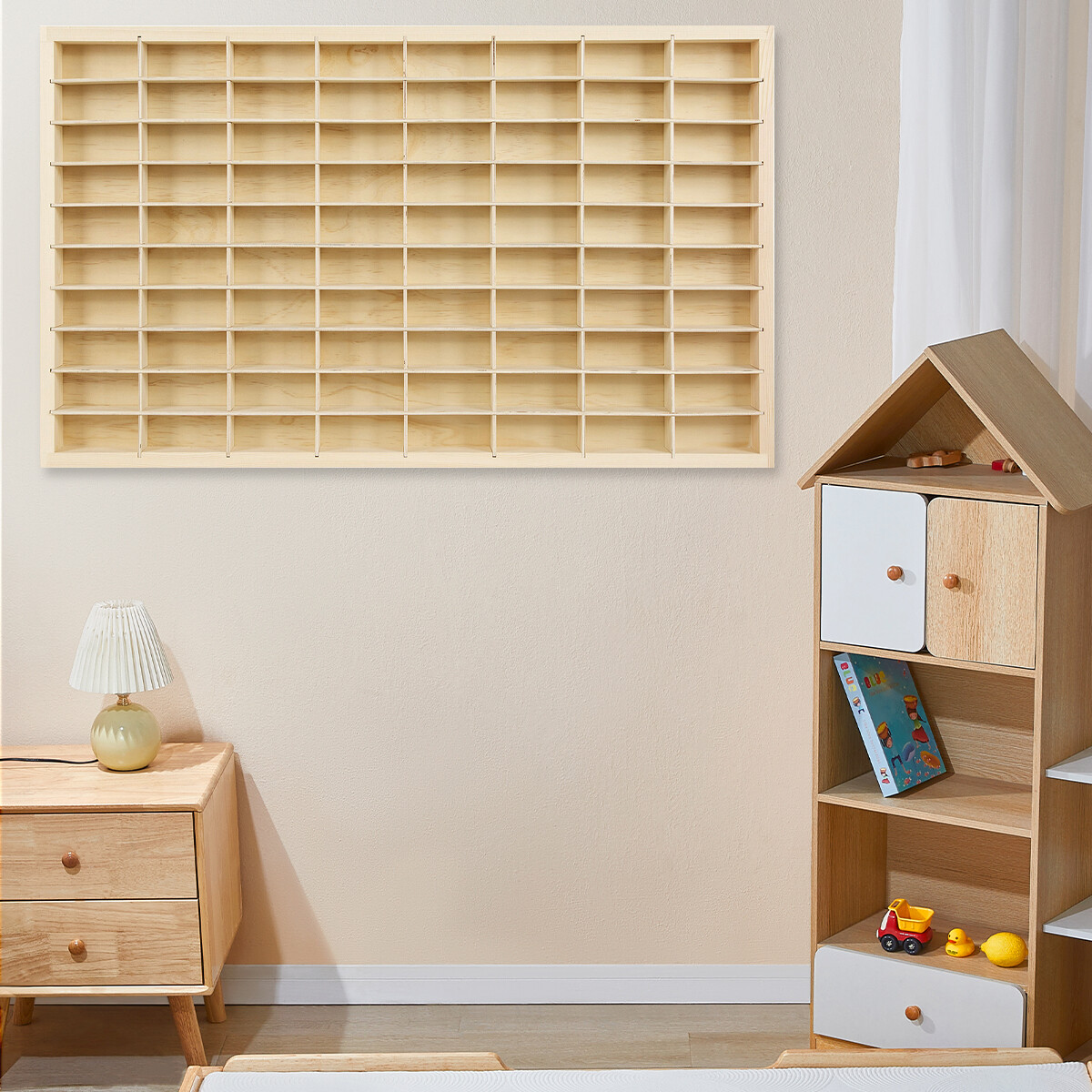 80 Grids Wall Mounted Wooden Display Case 1/64 Hot Wheels Diecast Car Matchbox