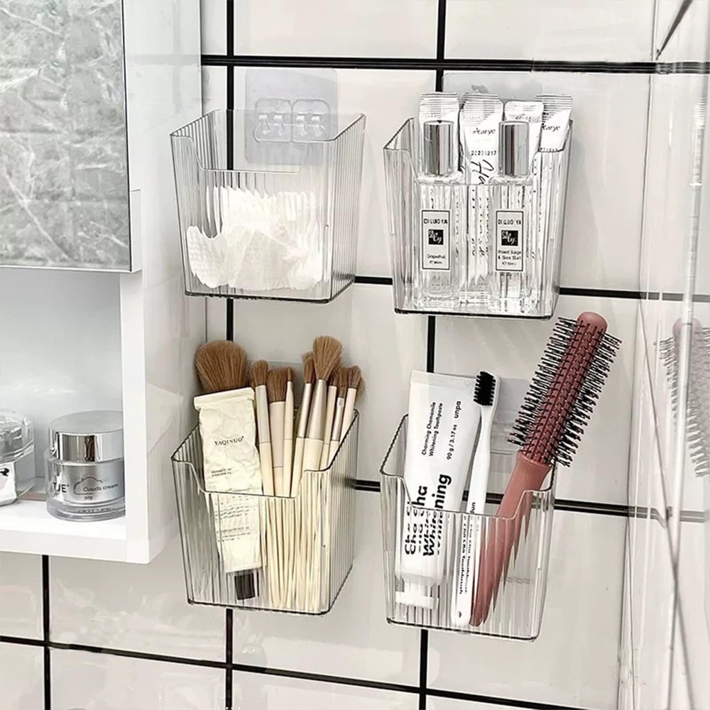 6 Pack Wall Mount Storage Bins, Plastic Clear Shower Basket Caddy with Self-A...