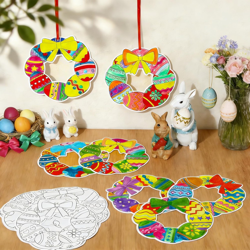 24 Sets Easter Wreath Craft Kits DIY Spring Easter Egg Coloring Paper Wreath ...