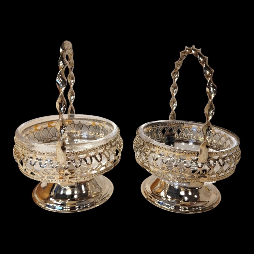 Set of 2 Silver Plated Nut Candy Baskets with Glass Liners Twisted Handle READ